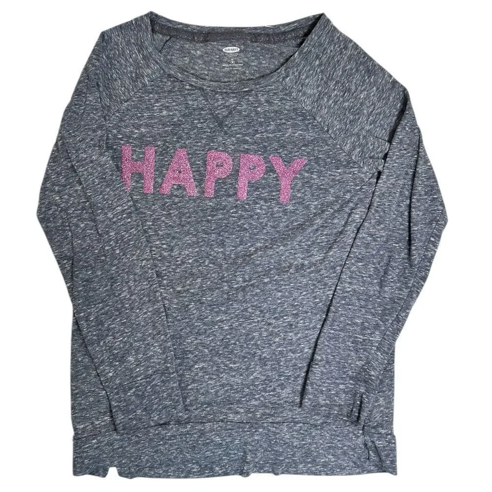 EUC Old Navy Girls Gray Long Sleeve Graphic T-Shirt 'HAPPY' in Pink - Size M